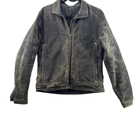 Kuhl Vintage Patinadye Distressed  Moto Jacket  Canvas Black Browns  Size Medium - Picture 1 of 12